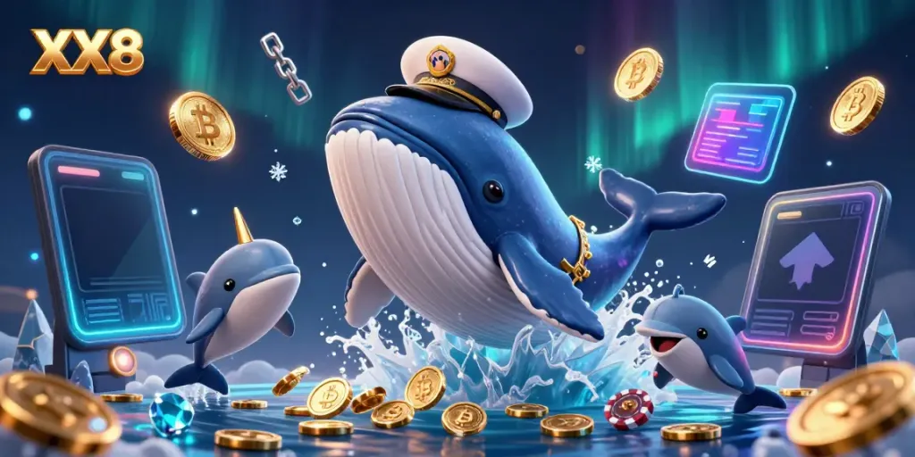 Engaging casino adventure with XX8 featuring a whimsical whale, narwhal, and dolphins showcasing poker chips and coins.