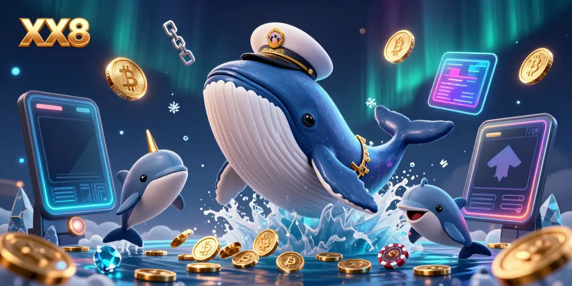 Engaging casino adventure with XX8 featuring a whimsical whale, narwhal, and dolphins showcasing poker chips and coins.