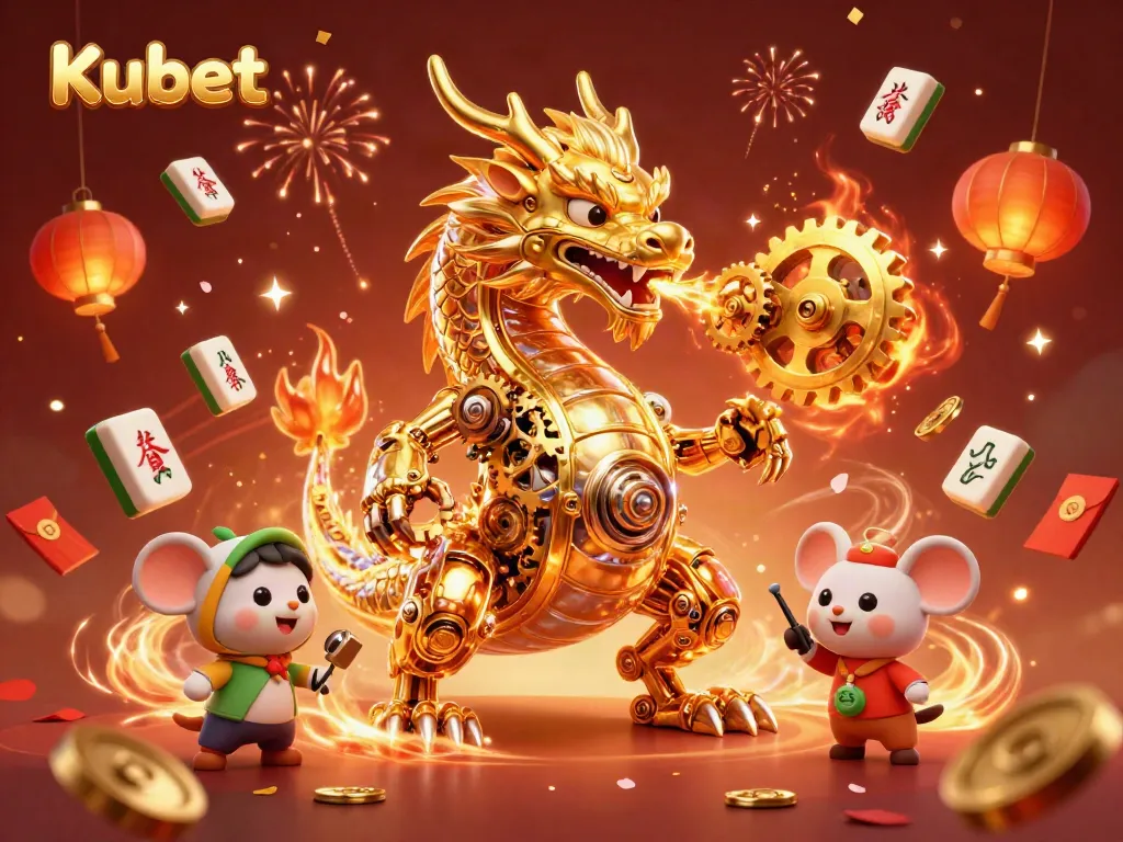 Kubet showcases a mystical 3D dragon with cogs and gears, symbolizing winning strategies in casino gaming.