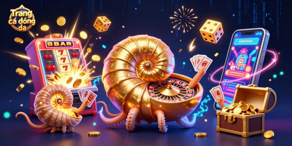 Engage with Trang cá độ bóng đá as a 3D nautilus spins a roulette wheel surrounded by gambling-themed elements.