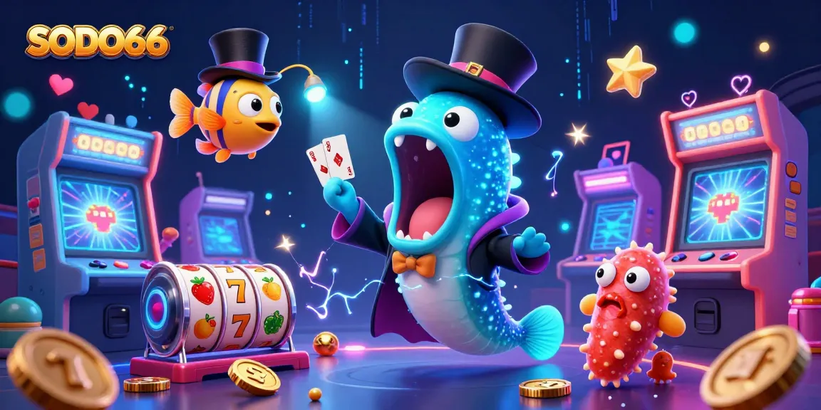SODO66 slots action illustrated with deep-sea creatures performing magic tricks amidst vibrant casino game elements.