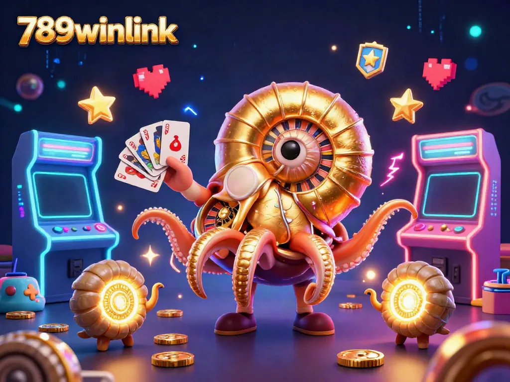 Engage with 789winlink in this vibrant 3D casino scene featuring a giant nautilus roulette, dynamic game elements.