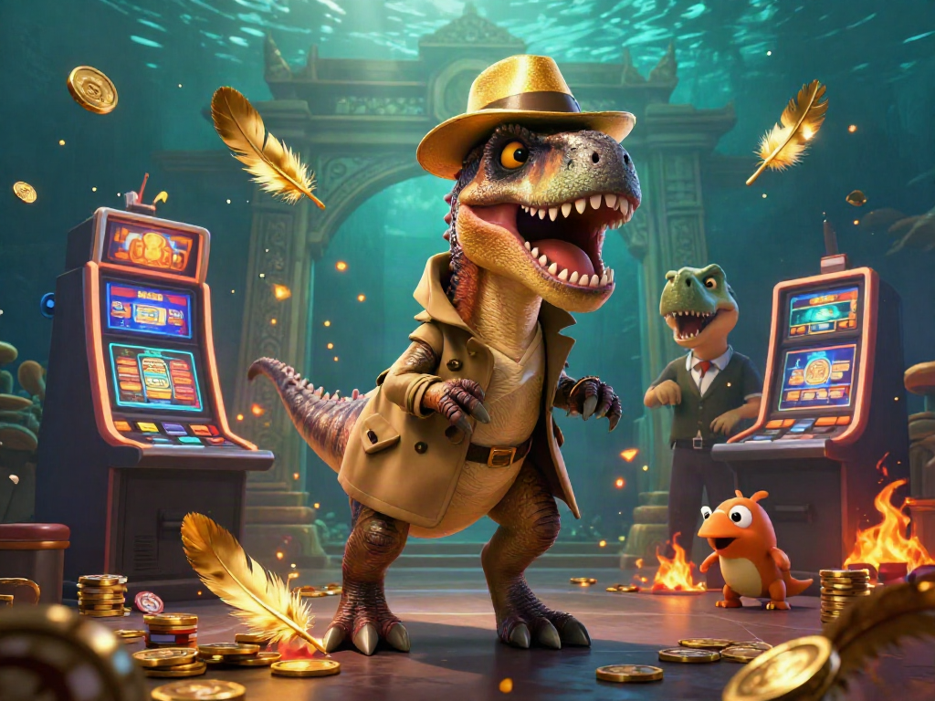Engaging slot machine scene with cartoon velociraptor and dinosaur characters, filled with gold coins and vibrant effects.