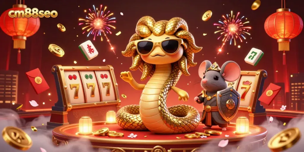 Experience the vibrant energy of cm88seo in this 3D casino scene featuring Medusa and a warrior mouse.