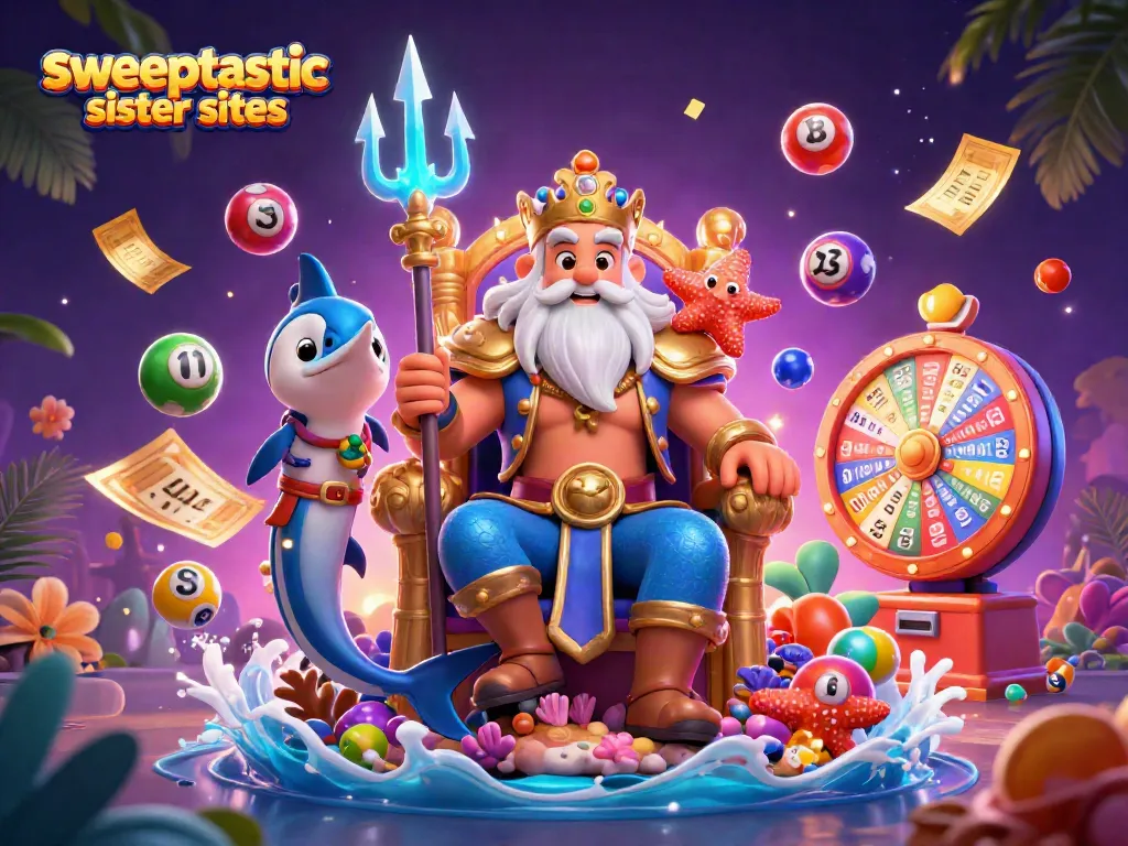 Sweeptastic sister sites illustration showing Neptune, samurai fish, and starfish in a dynamic lottery scene.