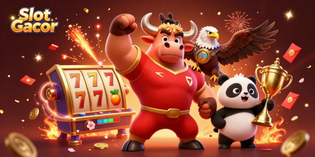 Engage in thrilling gameplay with Slot Gacor featuring a victorious bull mascot, eagle, and panda amidst slot reels.
