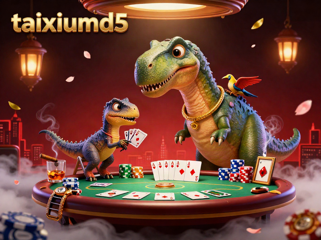 Engage with taixiumd5 in a lively casino scene featuring a giant brontosaurus and clever raptor dealer.