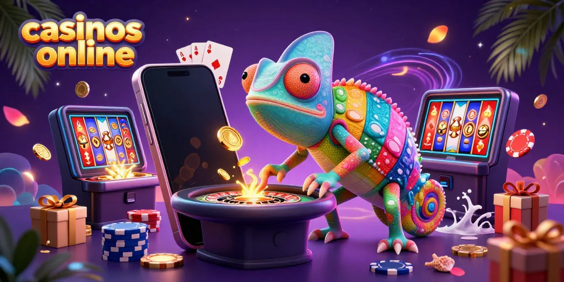 Ilustración 3D de un camaleón dueño de casino interactuando con elementos de casinos online.