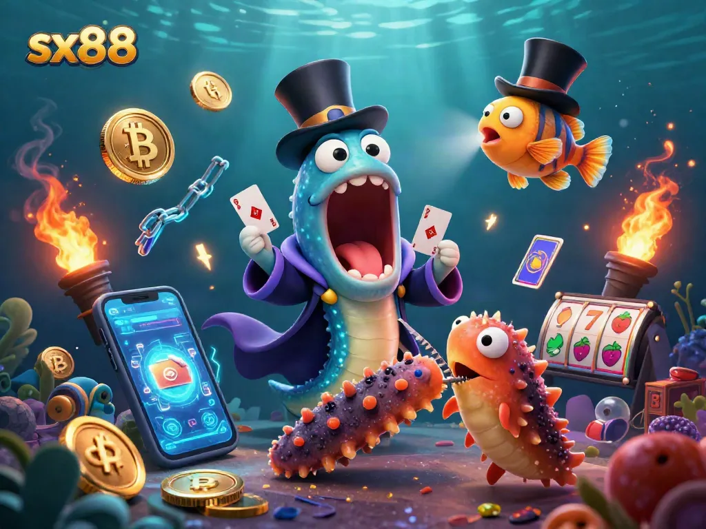 Experience sx88 magic with a deep-sea casino theme featuring imaginative sea creatures performing and floating crypto elements.