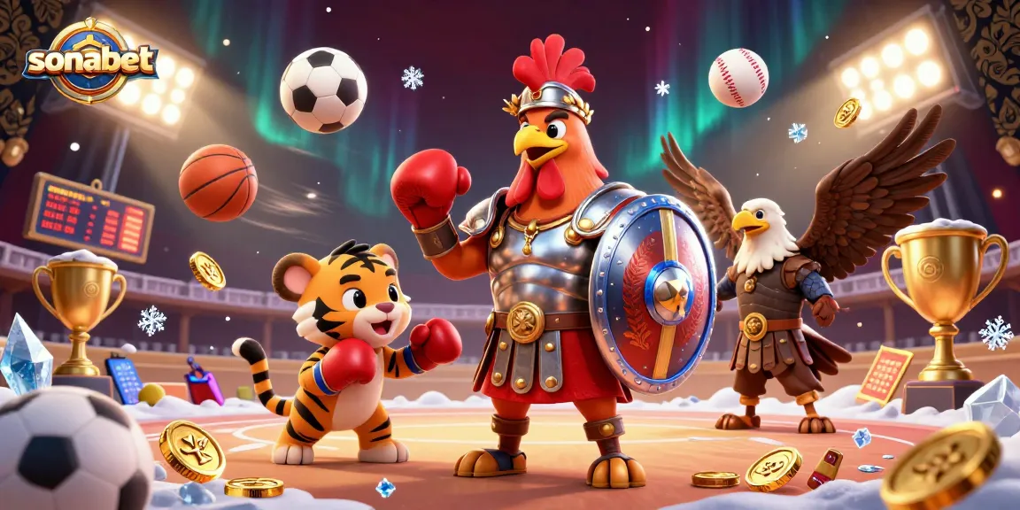 Experience thrilling sports betting with sonabet in this dynamic 3D illustration featuring gladiator rooster and sports elements.
