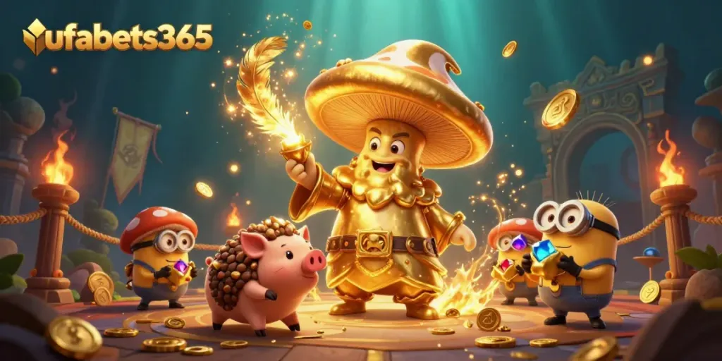 Experience the magic of ufabets365 with a golden mushroom wizard and treasure-seeking minions in a vibrant casino scene.