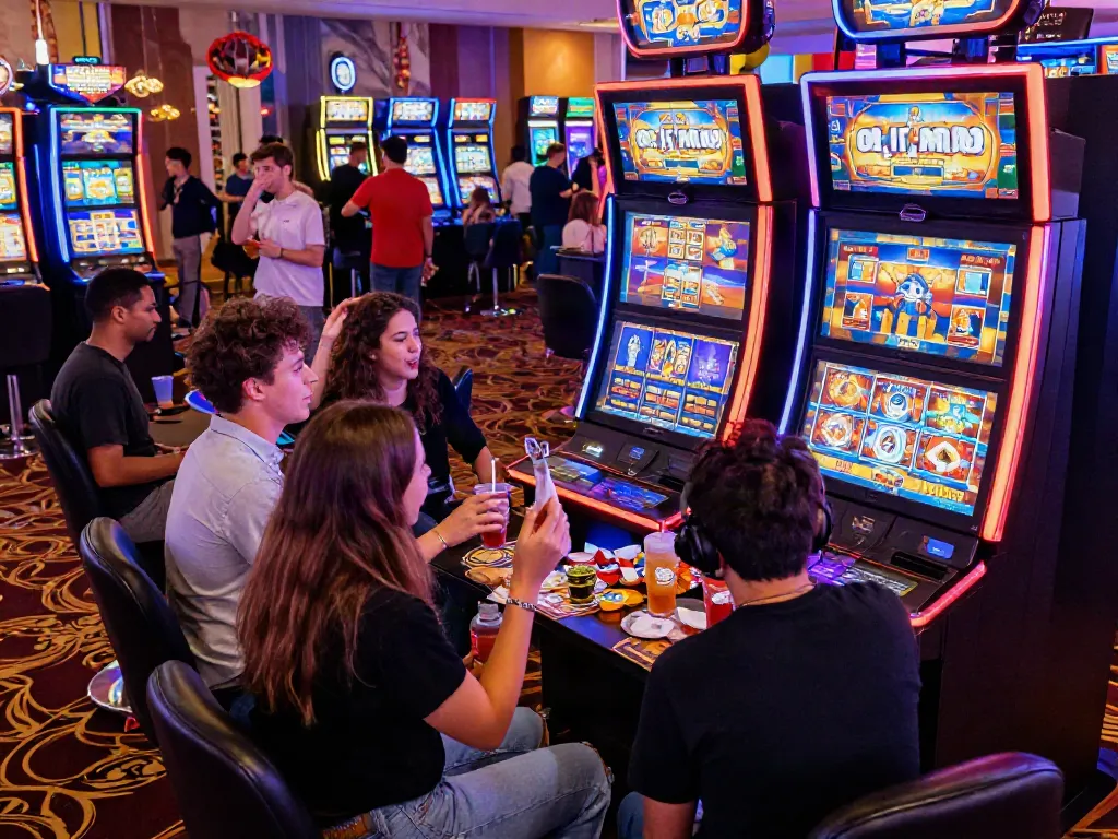 Friends engaging in slot demo games at a vibrant casino.