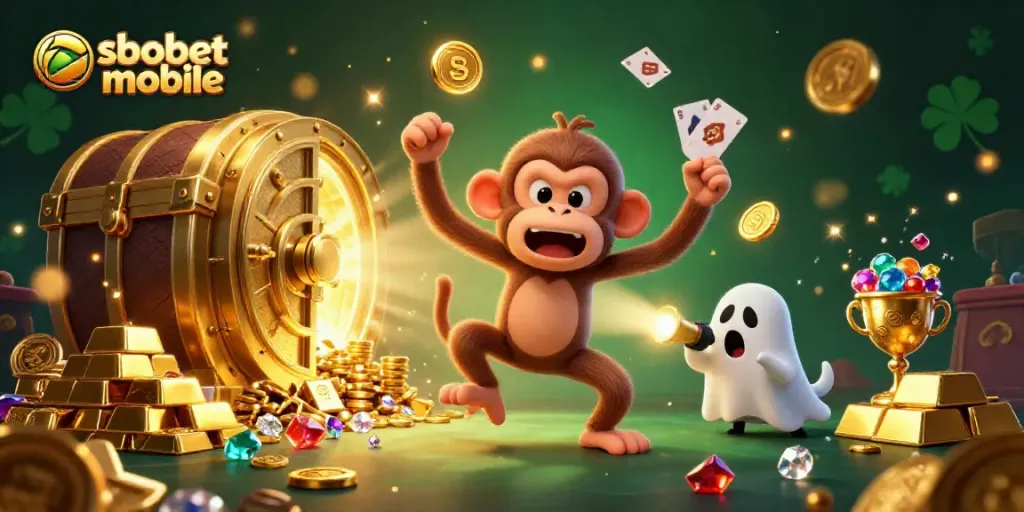 Experience sbobet mobile excitement with a playful monkey and a brave puppy in a dynamic casino scene.