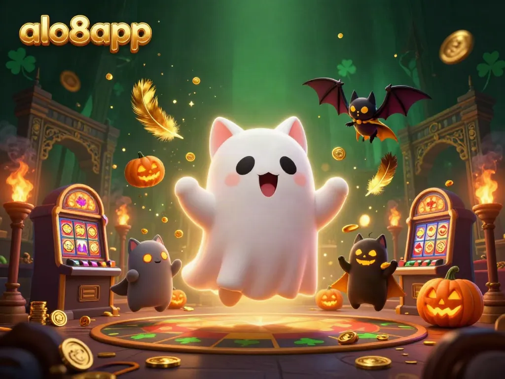 Engage with the thrilling atmosphere of alo8app as the ghost cat and bat celebrate winning moments in a carnival of casino games.