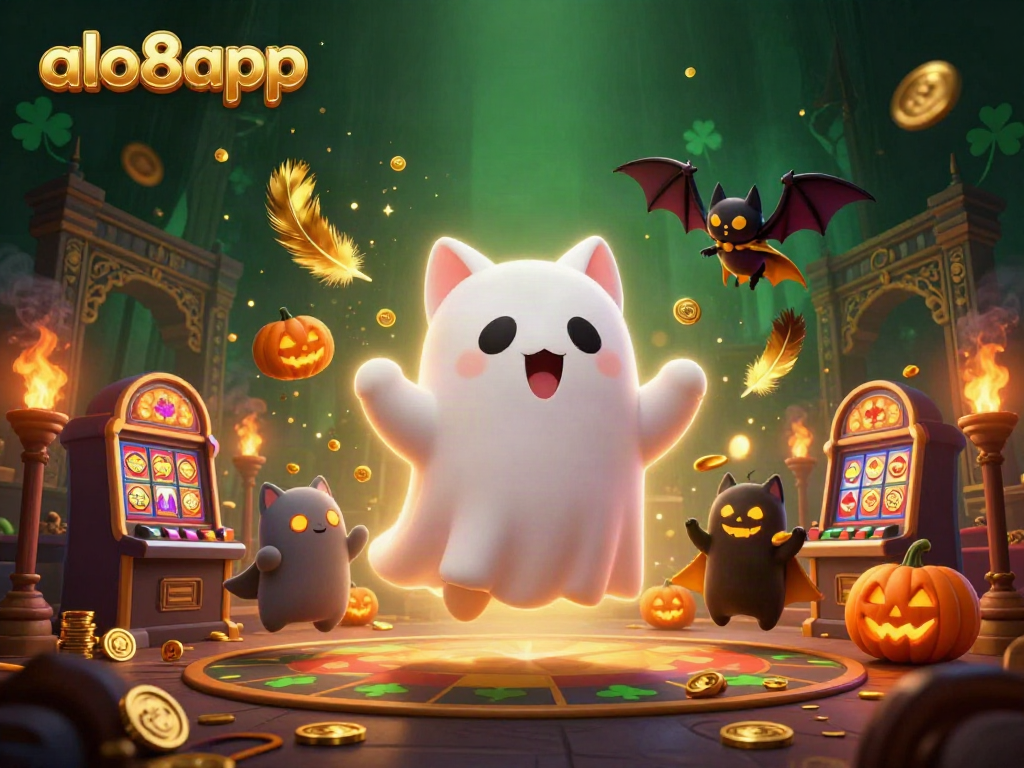 Engage with the thrilling atmosphere of alo8app as the ghost cat and bat celebrate winning moments in a carnival of casino games.