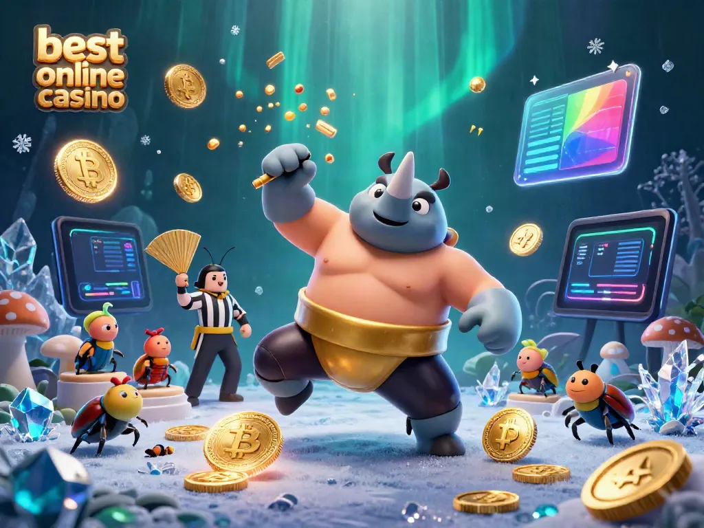 Engage with the best online casino as the sumo champion stomps golden coins amidst vibrant casino elements.