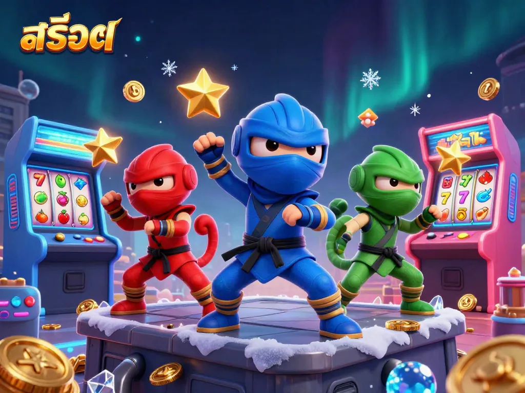 Experience the thrill of สล็อต with dynamic chameleons and arcade game elements in a vibrant casino scene.