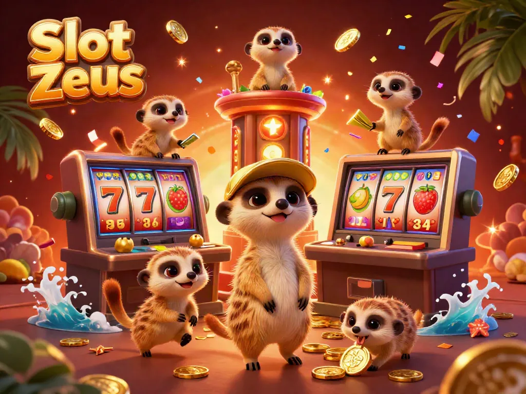 Slot Zeus menghadirkan koloni meerkat yang mengoperasikan kasino slot dengan suasana meriah dan penuh warna.