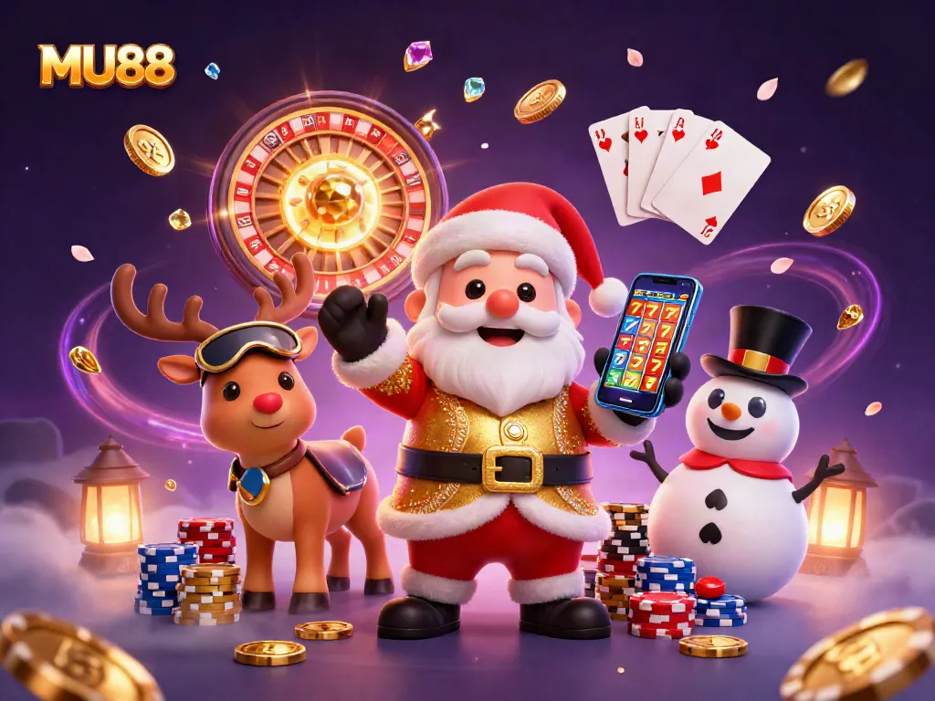 Experience MU88 in a vibrant casino scene featuring Santa and thematic gaming elements.