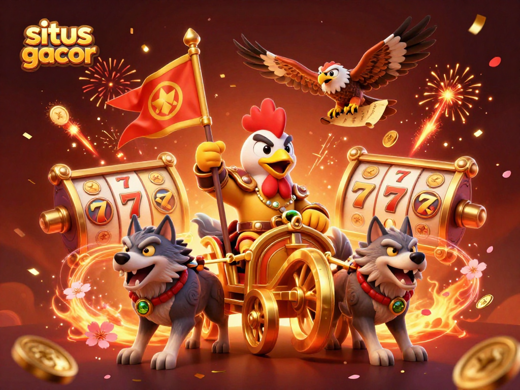 Mainkan situs gacor dengan raja ayam 3D di chariot emas, dikelilingi simbol slot yang berkilau.