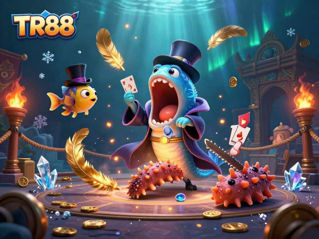 Engaging illustration of TR88 with enchanting sea creatures performing magic in a vibrant casino setting.
