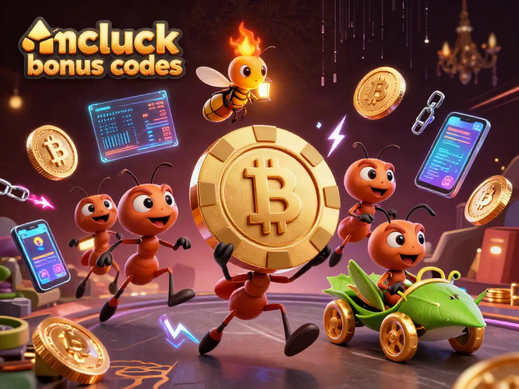 Engage with mcluck casino bonus codes visualizing ants in a heist with glowing crypto elements.