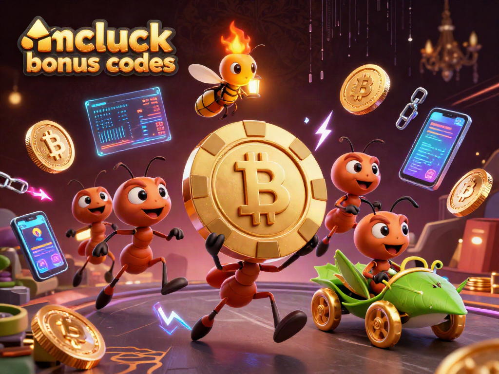 Engage with mcluck casino bonus codes visualizing ants in a heist with glowing crypto elements.