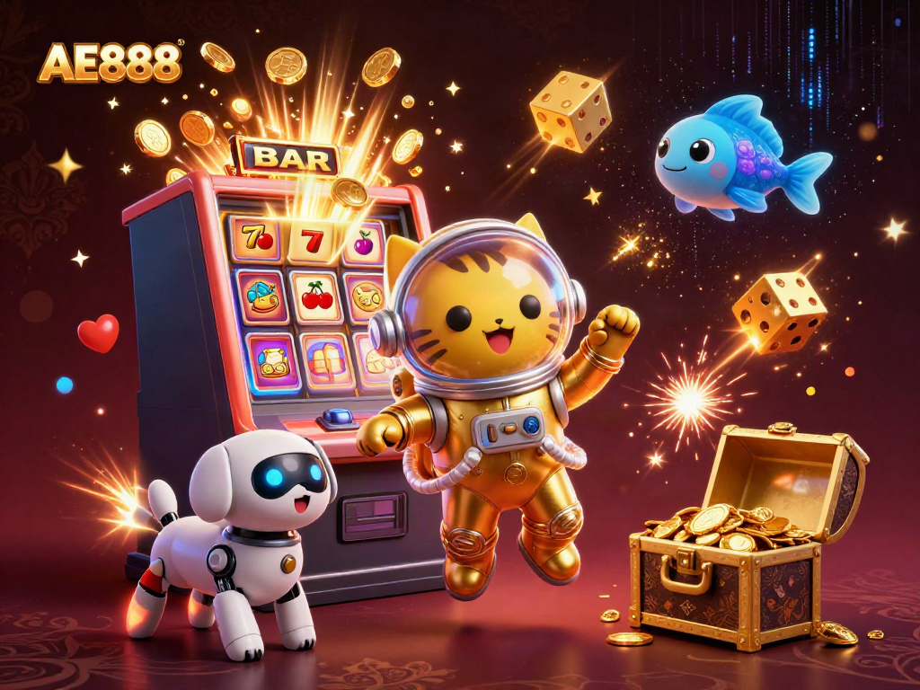 Experience the excitement of AE888 with a cartoon astronaut cat, jackpot slots, and cosmic elements!