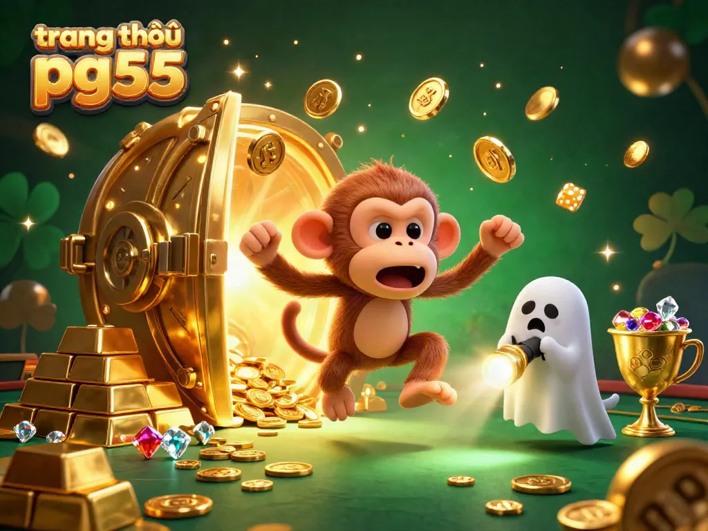 Experience thrilling gambling vibes with the mischief of a poltergeist monkey at trang chủ pg55, surrounded by golden treasures.
