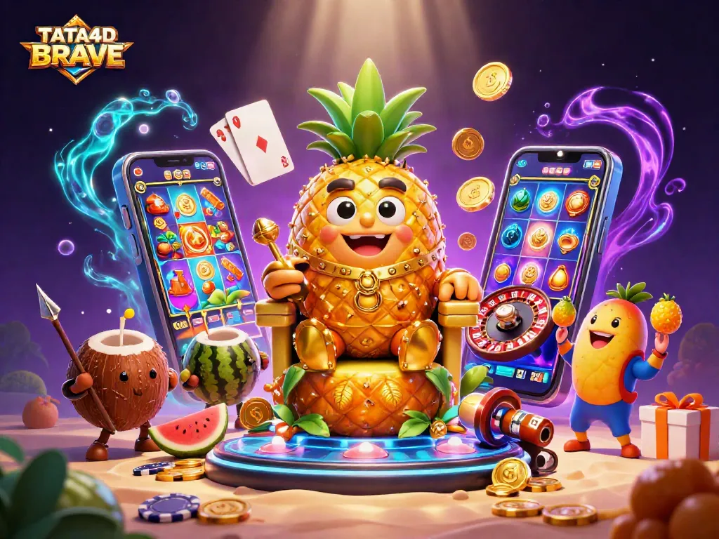 TATA4D BRAVE showcases a vibrant casino scene with a whimsical pineapple king and gaming elements, offering an immersive experience.