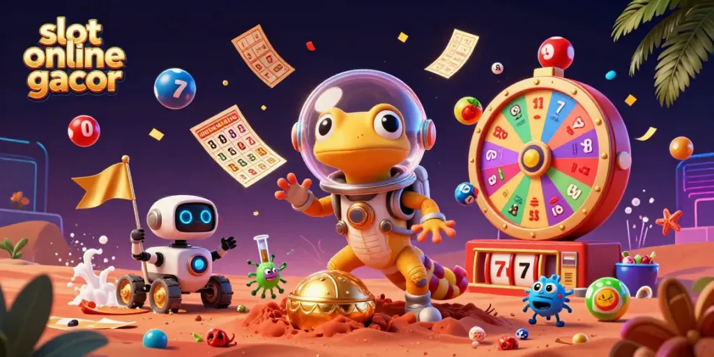 Experience the excitement of slot online gacor with a Martian gecko and casino elements in a vibrant 3D scene.