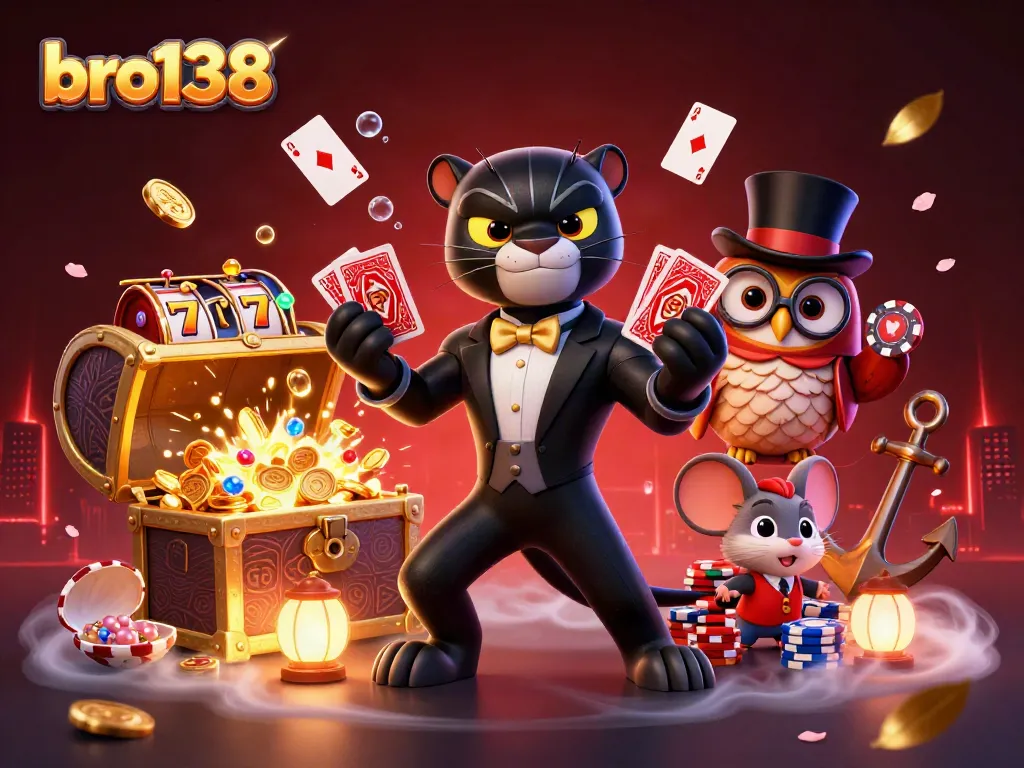 bro138 showcases a stylish black panther dealing cards in a vibrant casino scene filled with slot reels and treasures.