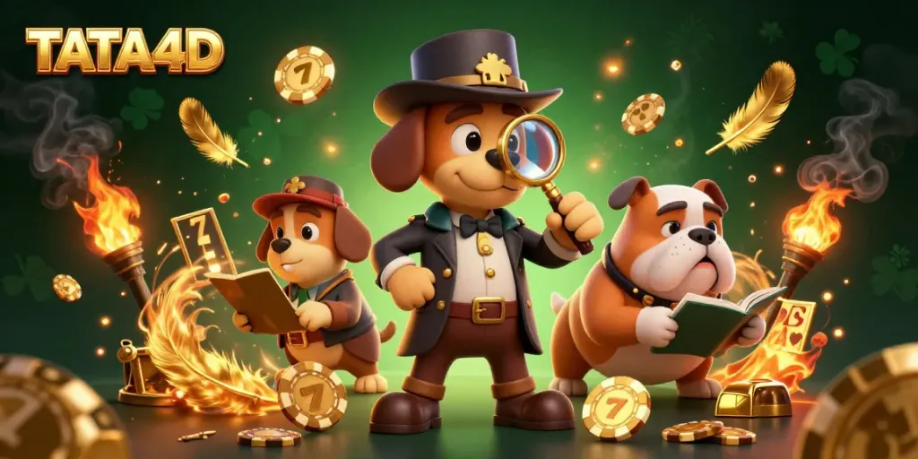 TATA4D features a cartoon detective examining poker chips amidst vibrant gaming elements in a high-stakes casino scene.