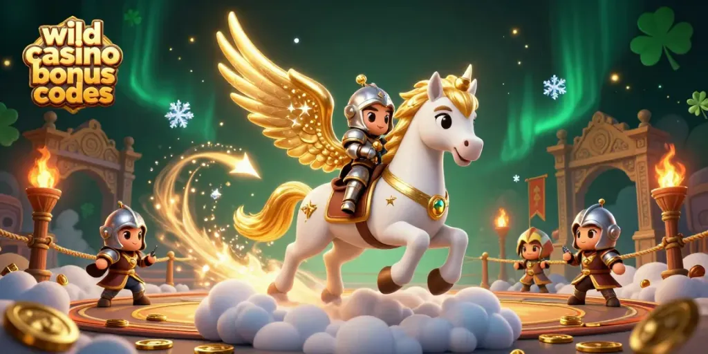 Experience wild casino bonus codes with a celestial knight riding a winged horse in a vibrant 3D scene.