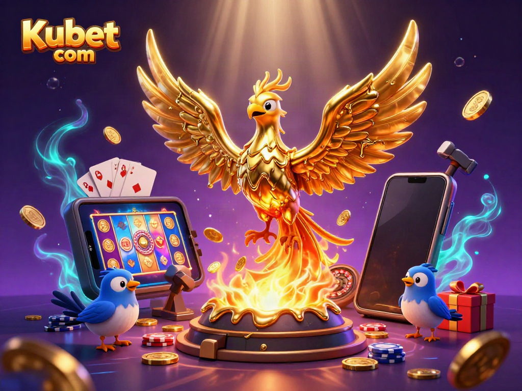 Kubet com showcases a molten metal phoenix and animated casino games in a vibrant illustration