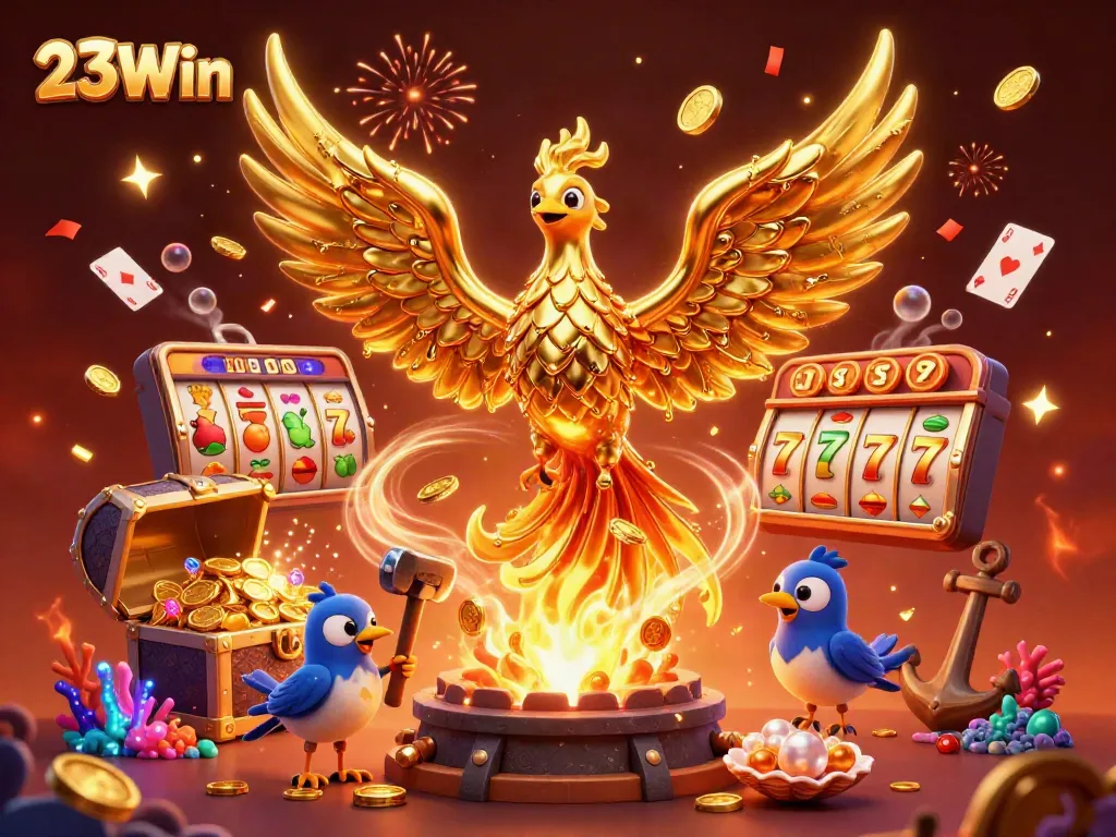 Engage in thrilling gameplay with 23Win, featuring gold coins and slot game elements in a vibrant illustration.