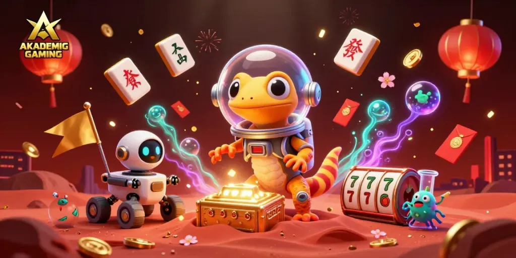 Engage in AKADEMIGAMING adventure, featuring a Martian gecko and a casino scene.