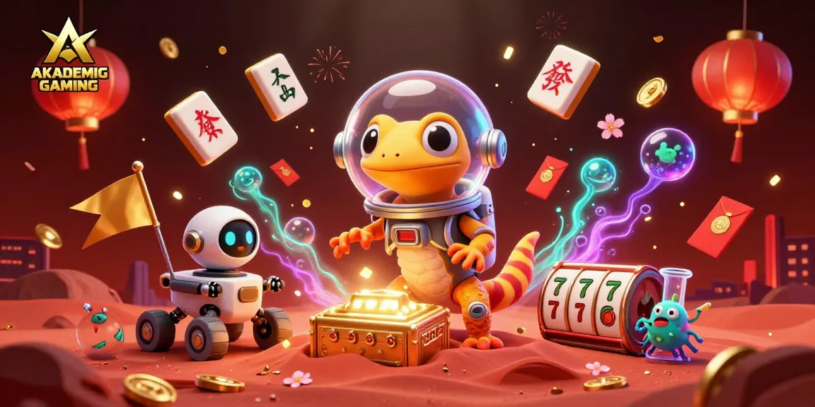 Engage in AKADEMIGAMING adventure, featuring a Martian gecko and a casino scene.