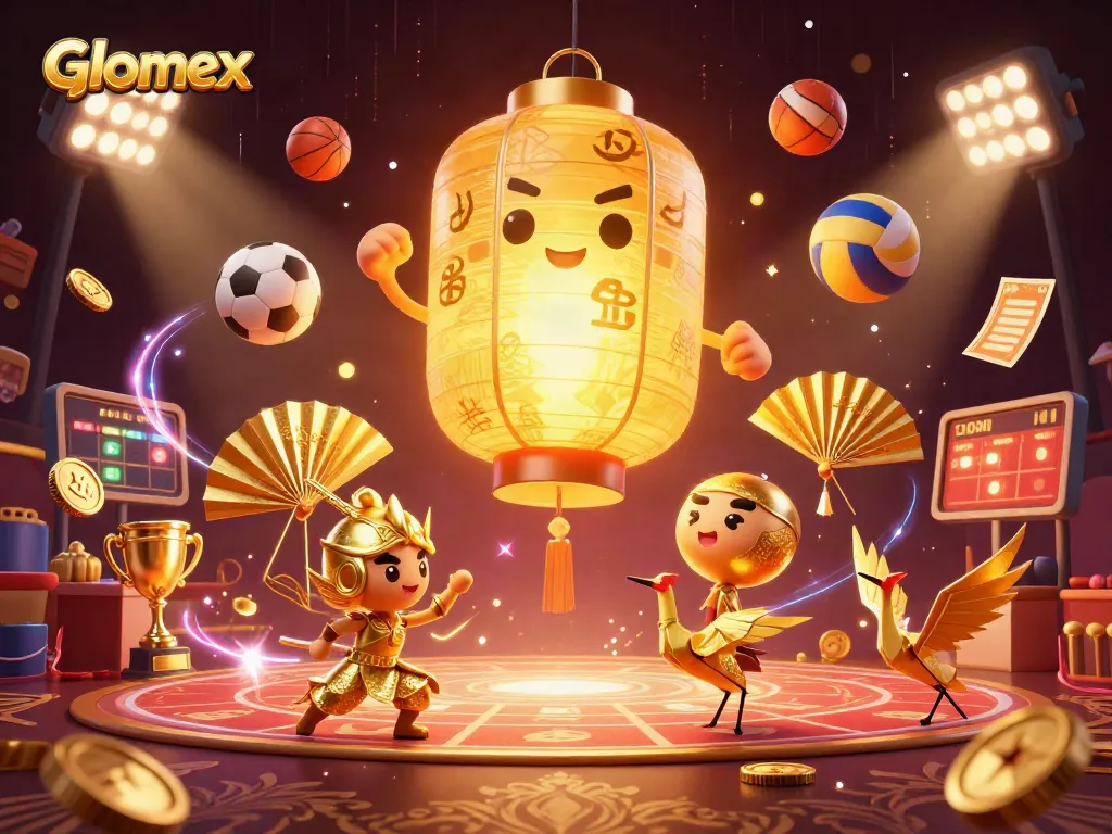 Engage with Glomex at the vibrant night market casino under a golden lantern spirit.