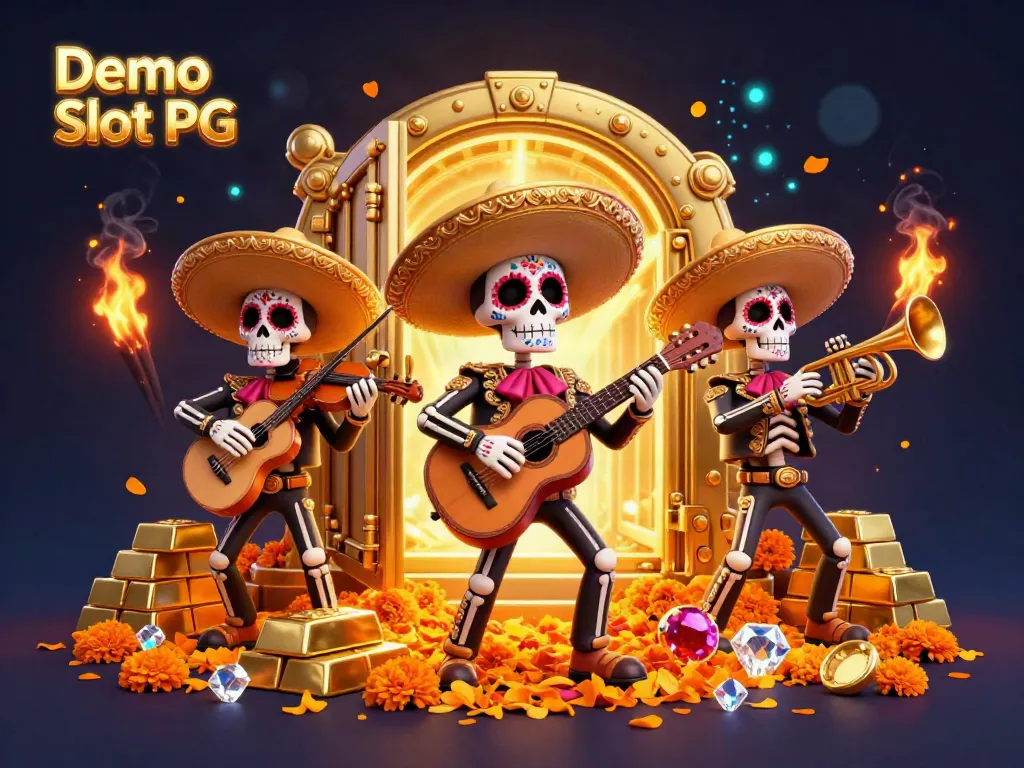 Engage with Demo Slot PG through vibrant, festive imagery of a mariachi band amidst gold treasures.