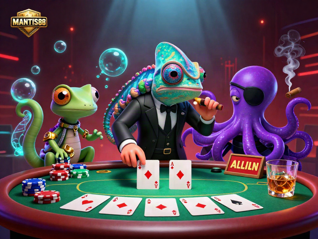 MANTIS88 showcases a vibrant poker scene with a chameleon agent, a gecko with gadgets, and a scheming octopus, all surrounded by colorful chips.