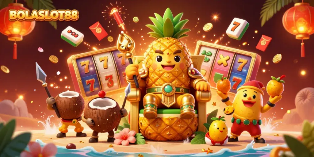 BOLASLOT88 showcases a vibrant beach casino scene with a golden pineapple king, treasure elements, and lively game dynamics.