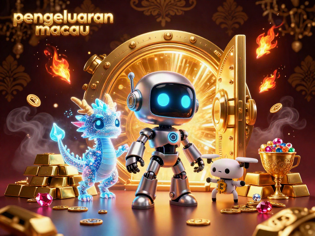 Visualizing pengeluaran macau with a futuristic robot and AI dragon amidst gold and jewels in a vibrant casino setting.
