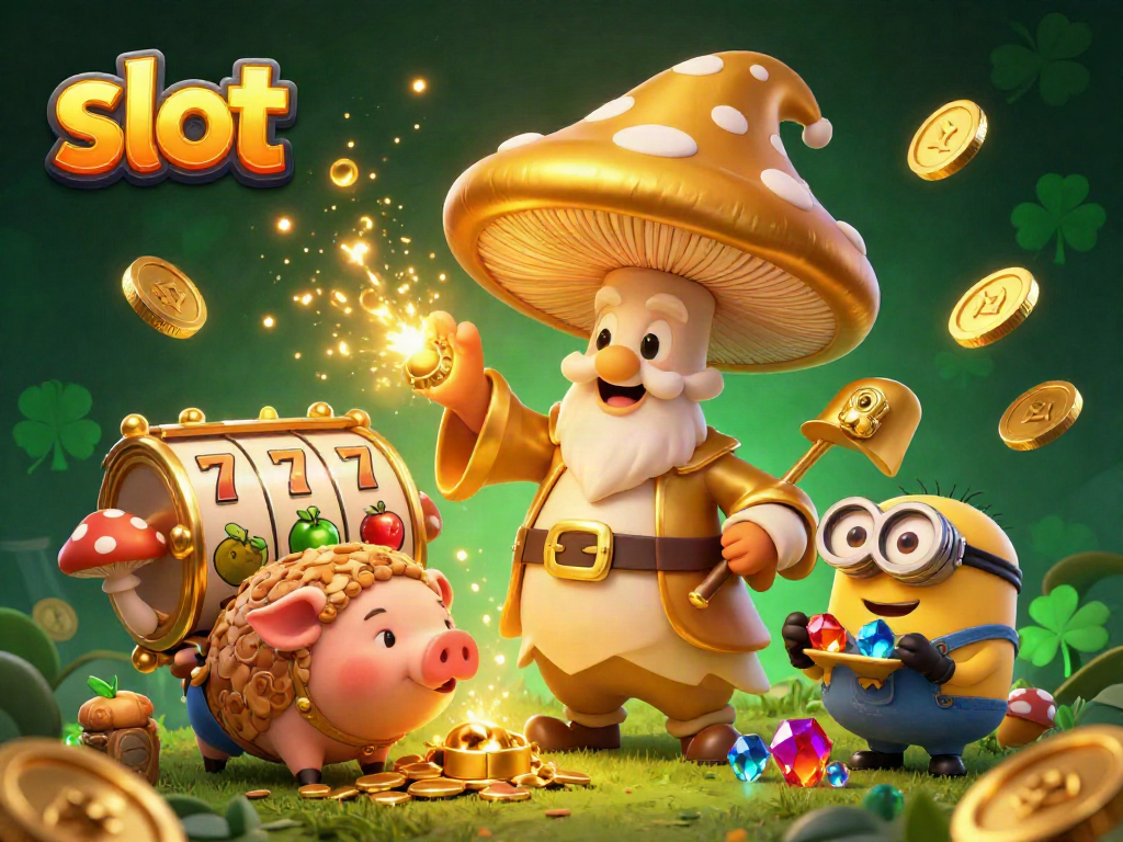 Engage with exciting slot adventure featuring a golden mushroom wizard conjuring treasures.