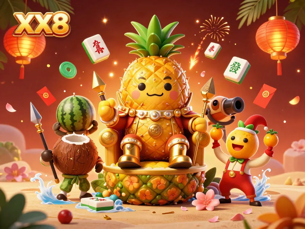Engage in vibrant slots and jackpot fun with XX8's colorful casino scene featuring a pineapple king and festive elements.